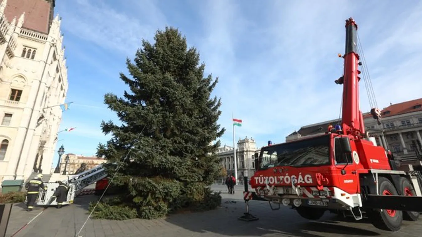 Felállították az ország karácsonyfáját az Országház előtt