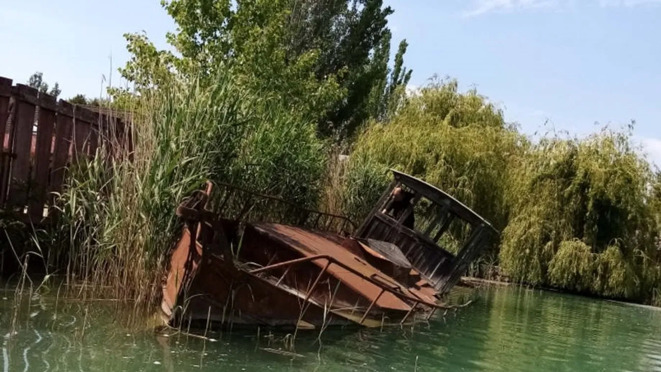 Közel százéves halászhajó rozsdásodik a Balatonalmádi melletti nádasban
