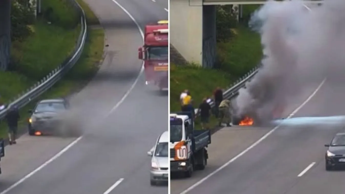 Brutális videó: percek alatt égett ki egy kocsi az M0-áson