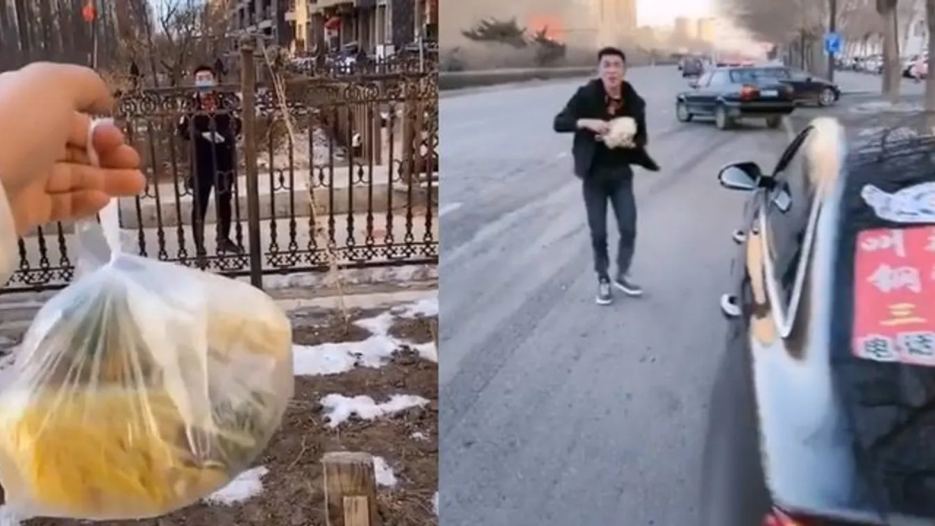 Bizarr látvány: méterekről hajigálva adják át a futárok a megrendelt ételt a koronavírus miatt Kínában – videó