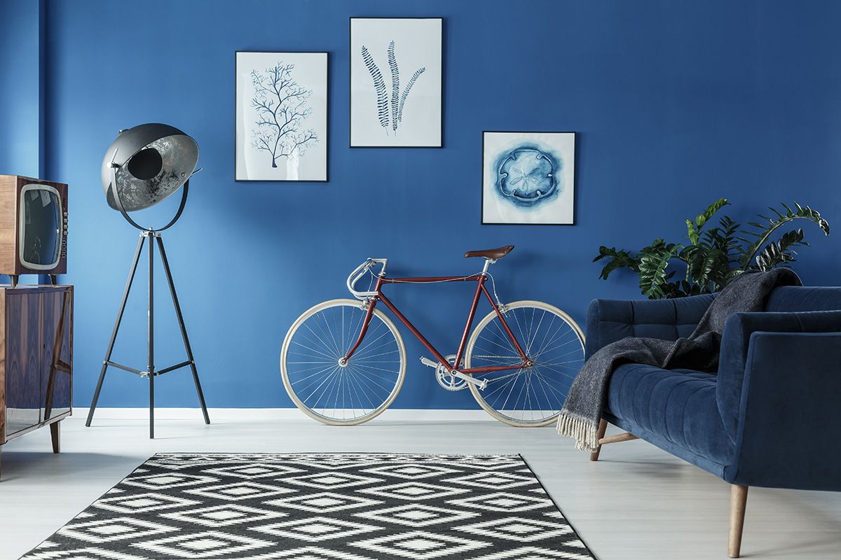 Black,And,White,Patterned,Carpet,In,Trendy,Blue,Living,Room