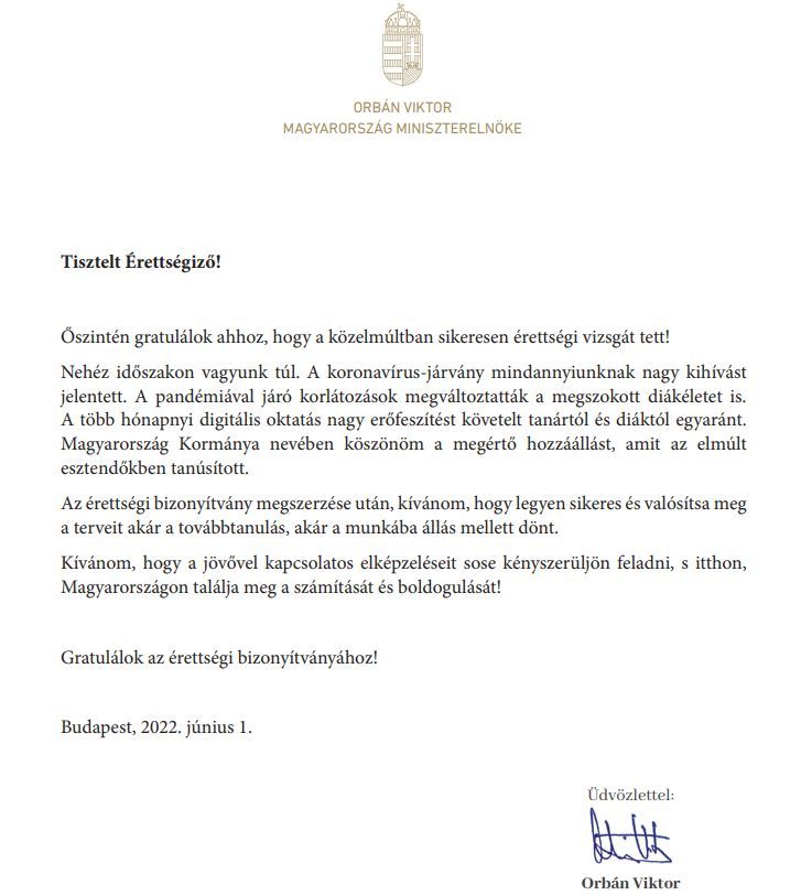 Orbán Viktor levél, érettségizőknek, 2022