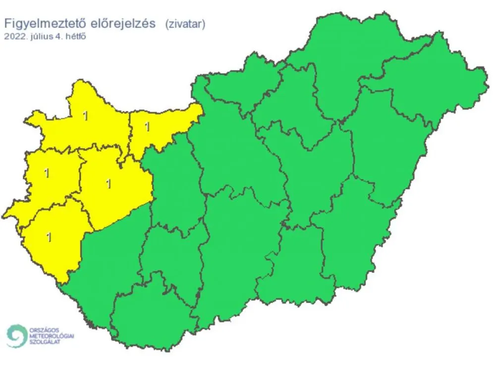 Figyelmeztetés, zivatar, hétfő