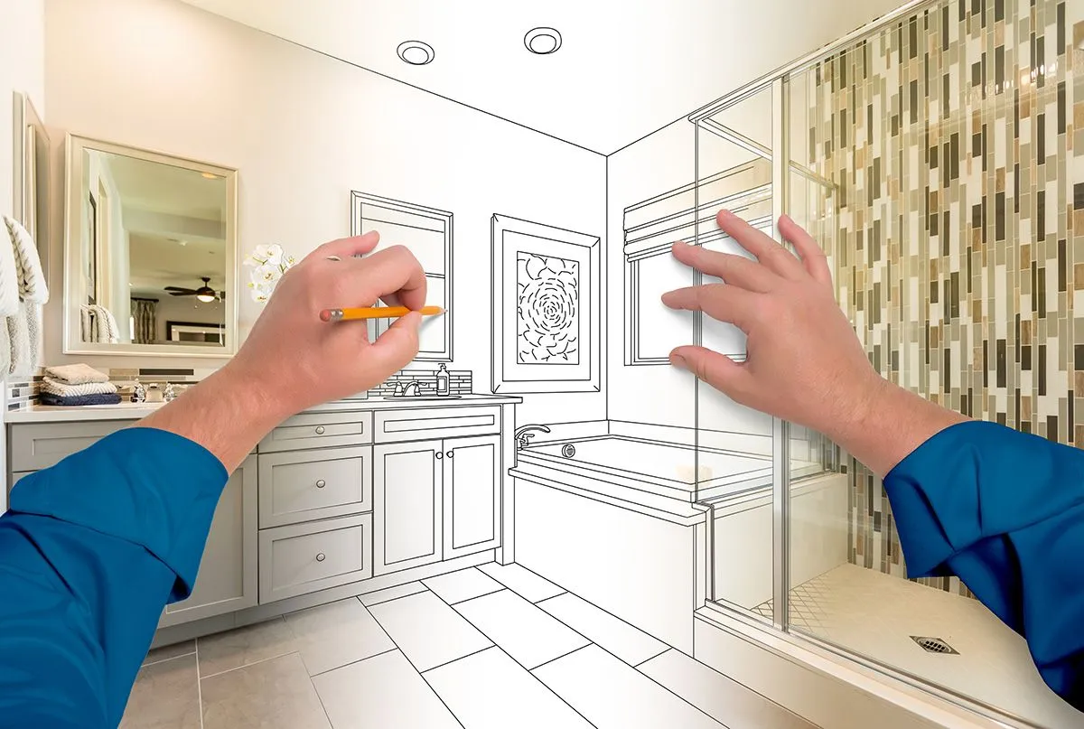 Male,Hands,Sketching,Beautiful,Custom,Bathroom,Gradating,To,Finished,Construction.