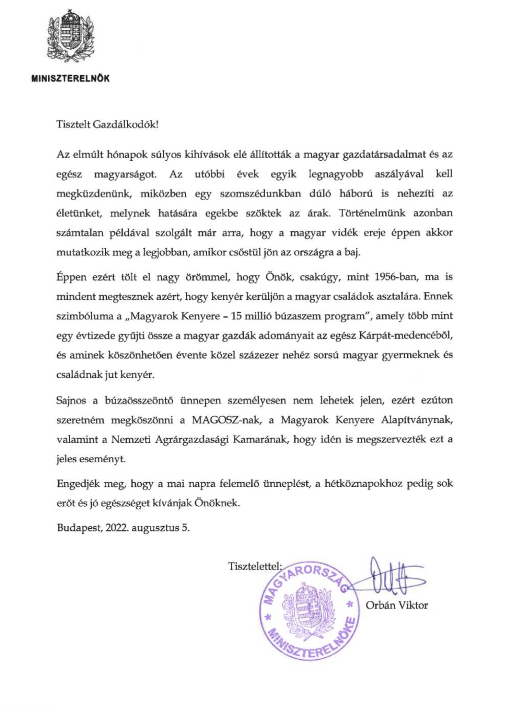 Orbán Viktor levele a gazdáknak, 2022 augusztus