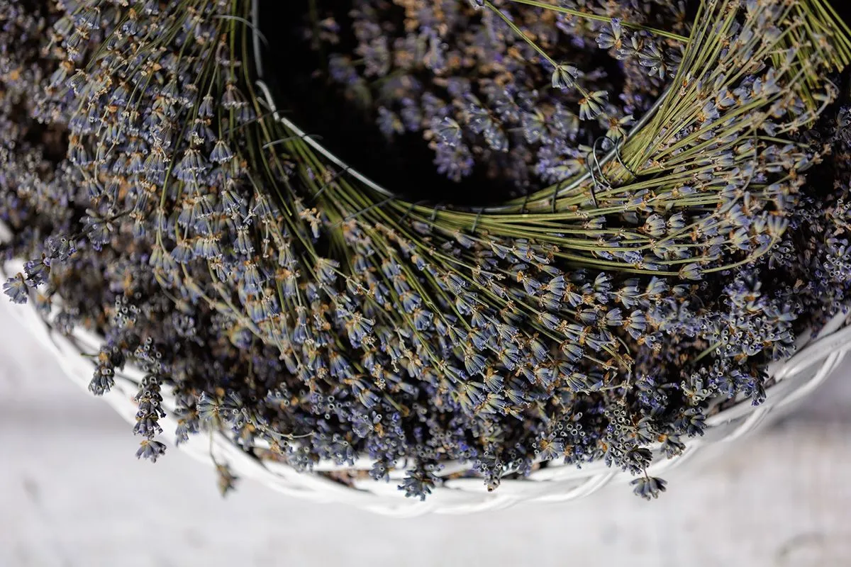 A,Wreath,Of,Lavender,Flowers,In,A,White,Basket,With