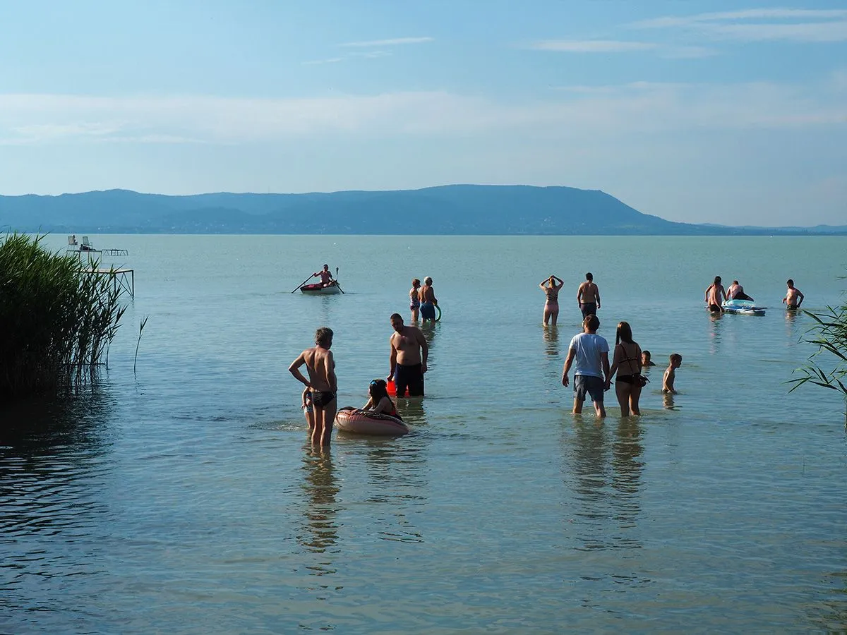 Balatonmáriafürd?,,Hungary,-,June,26,,2020:,Bathing,People,On,A