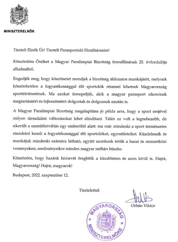 Orbán Viktor levele a parasportolóknak