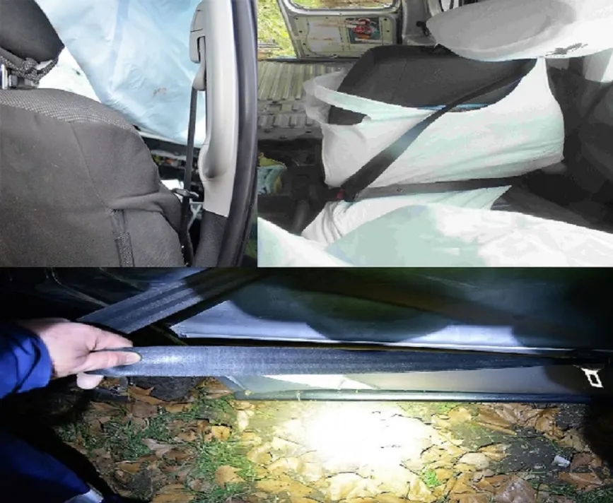 Baleseti helyszínelés képei, ahol a biztonsági öv a sofőr mögé volt csatolva