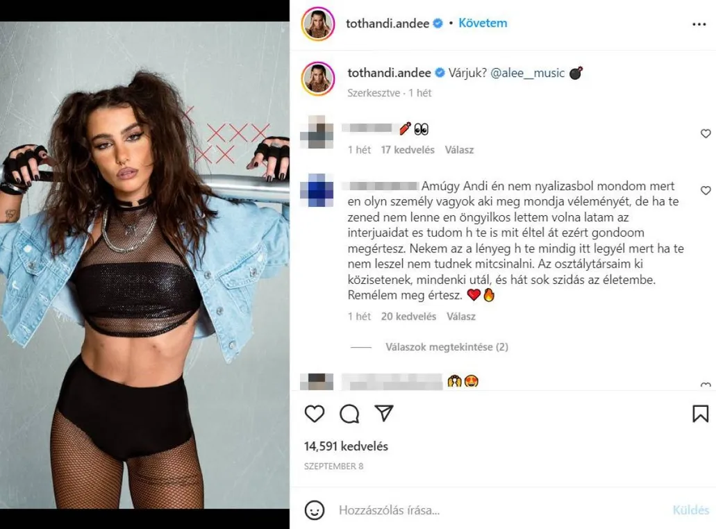 Tóth Andi rajongó, komment, Instagram