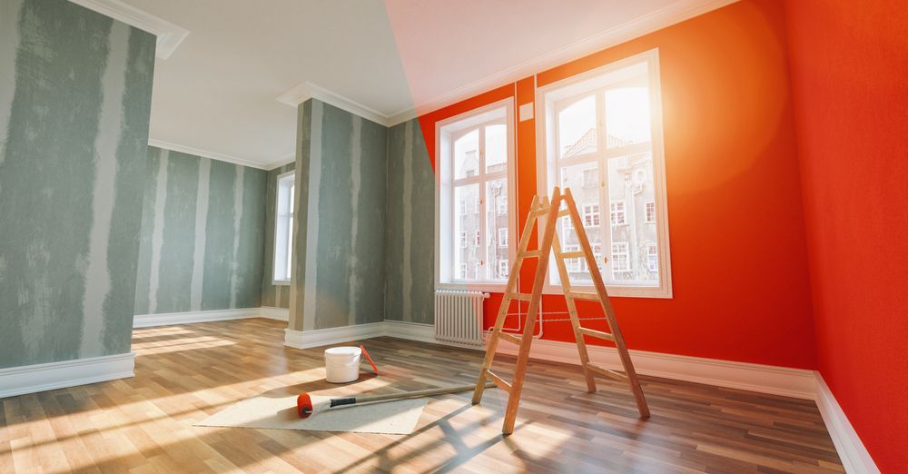 Painting,Wall,Red,In,Room,Before,And,After,Restoration,Or
