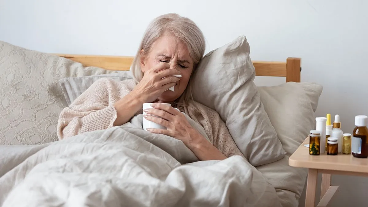 Older,Mature,Upset,Ill,Woman,Holding,Handkerchief,Blowing,Running,Nose