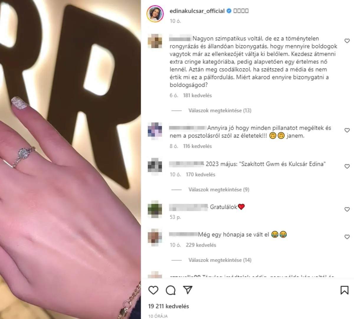 Kulcsár Edina kommentek, eljegyzés Instagram