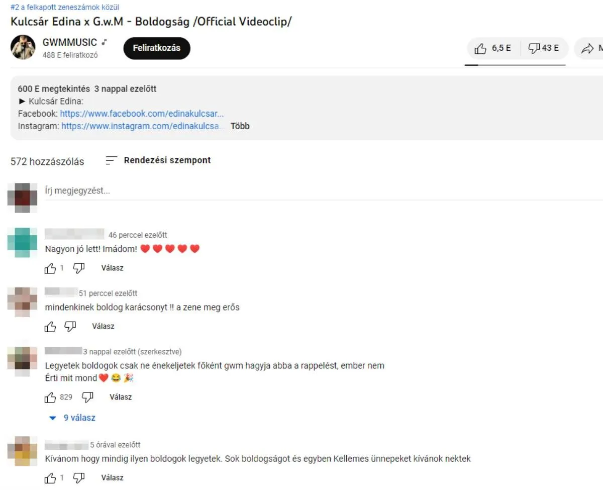 Kulcsár Edina G.w.M Boldogság kommentek, YouTube