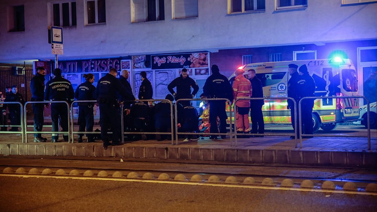 Budapest, 2023. január 13.
Rendőrök és mentők az elkövető körül Budapest XI. kerületében, egy Lecke utcai társasház előtt 2023. január 12-én éjjel. Három intézkedő rendőrt késsel sebesített meg egy támadó Újbudán, egyikük belehalt sérüléseibe. A támadót elfogták.
MTI/Mátyus Tamás