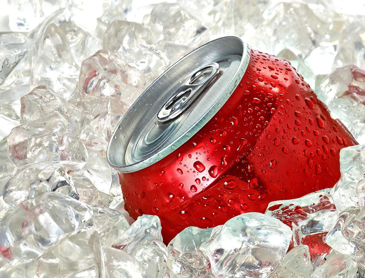 Red,Blank,Soda,Or,Cola,Can,In,Crushed,Ice,Cubes