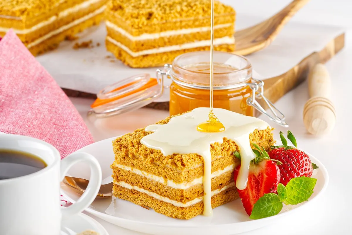 Homemade,Honey,Cake.,Honey,Cake,Medovik,,Layer,Cake,On,White