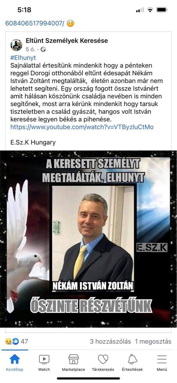 eltűnt Zoltán családapa elhunyt meghalt