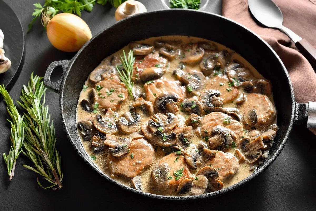 Pork,Medallions,In,Mushroom,Gravy,In,Cast,Iron,Pan,Over