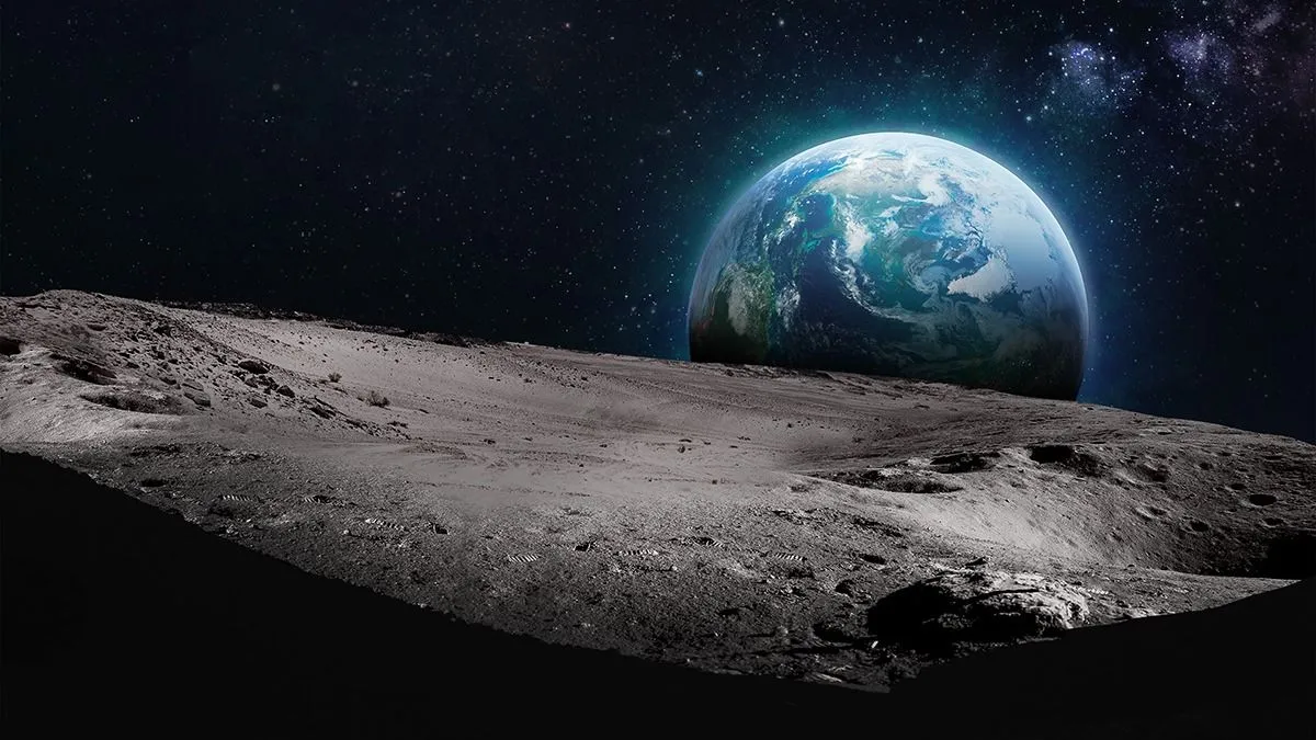 Moon,Surface,With,Dark,Side.,Earth,On,Background.,Elements,Of