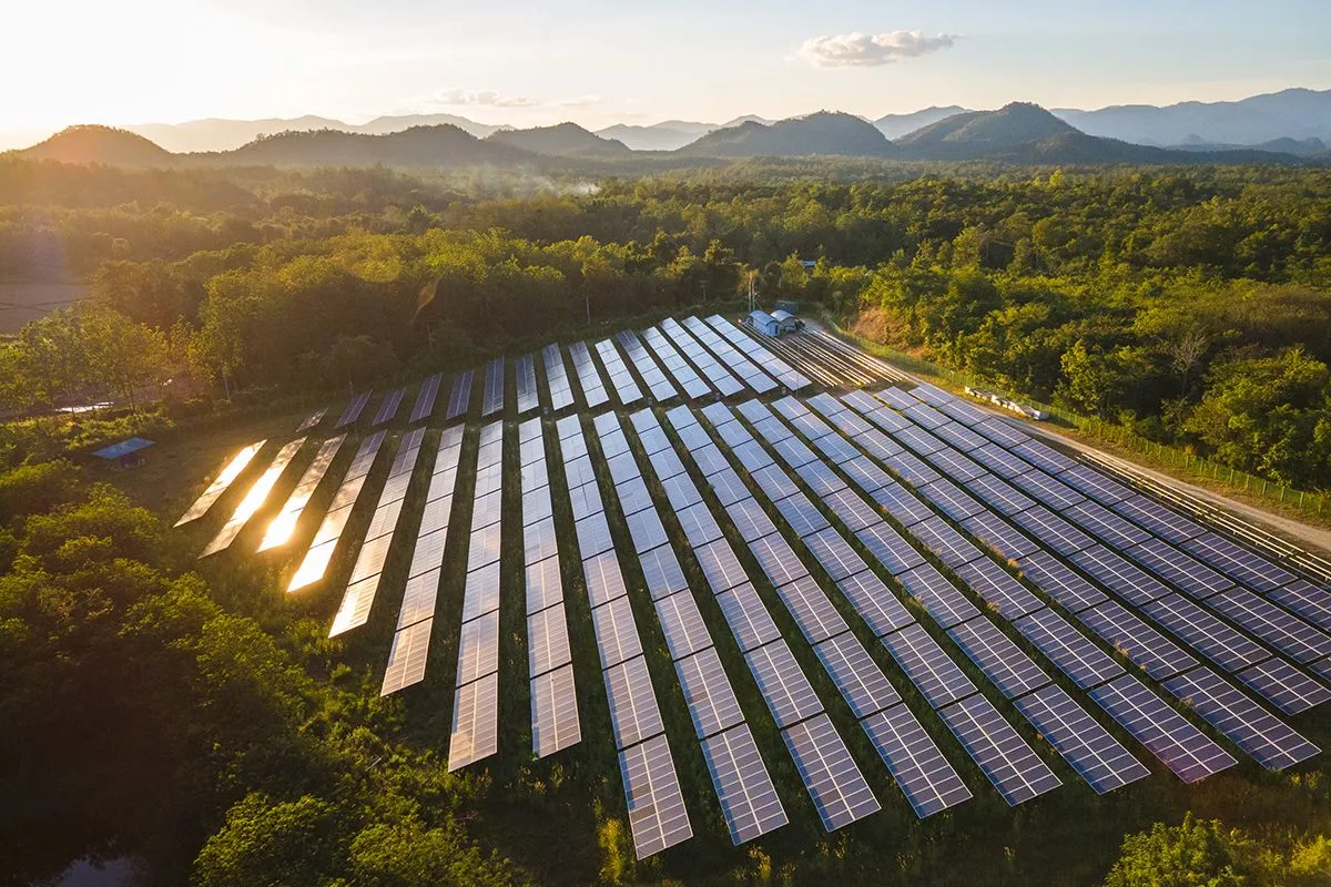 Aerial view of solar power station and solar energy panels