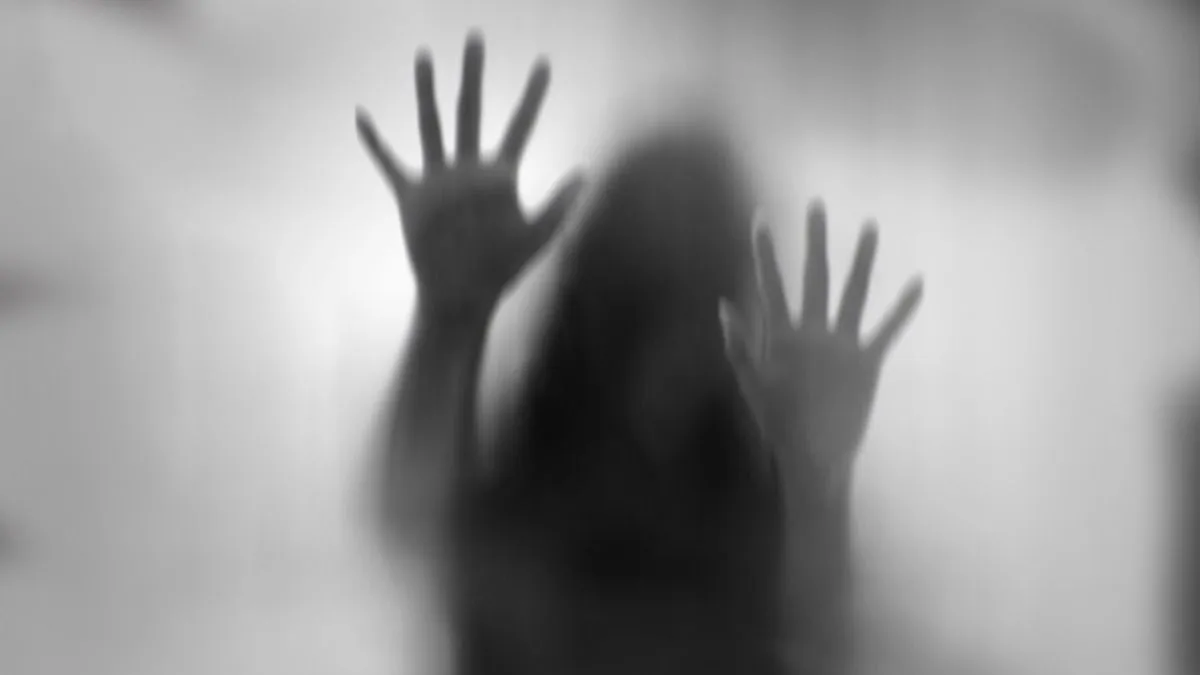 Horror,Woman,Behind,The,Matte,Glass,In,Black,And,White.