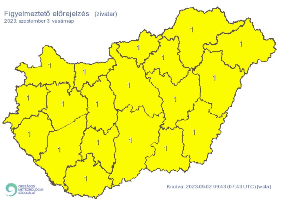 Időjárás eső zivatar citromsárga riasztás