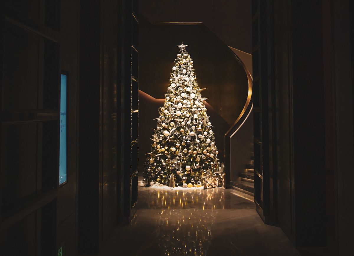karácsony, karácsonyfa, díszek, fények