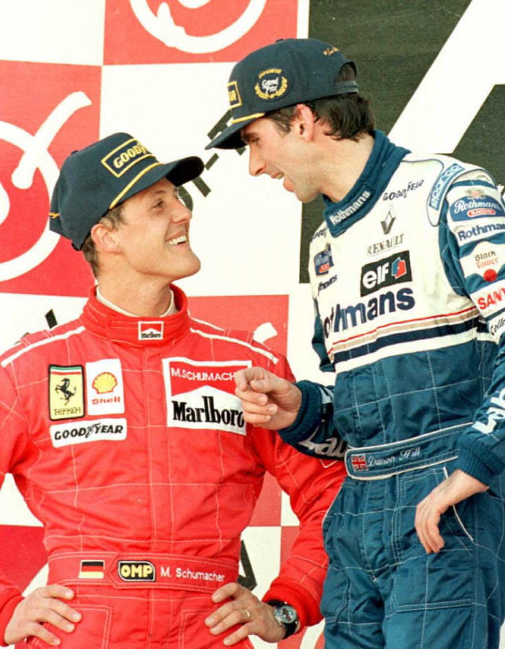 Michael Schumacher (balra) és Damon Hill (jobbra), 1996, AFP