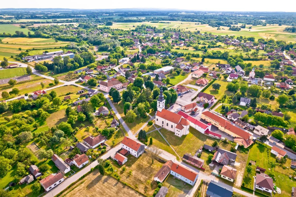 Village,Of,Legrad,Church,And,Green,Landscape,Aerial,View,,Podravina