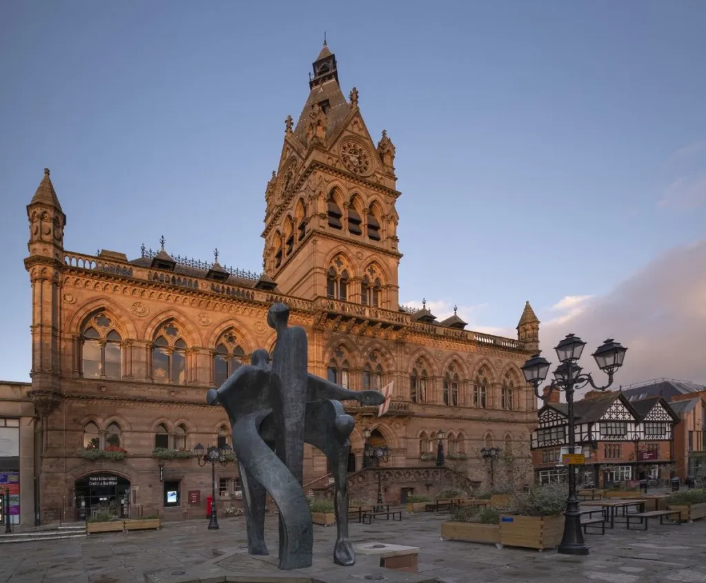 Chester Town Hall and the Celebration of Chester Sculpture, Northgate Street, Chester, Cheshire, England, UK