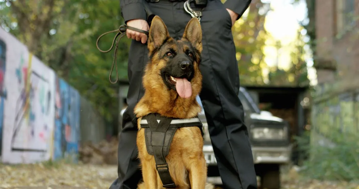 Police,Officer,With,His,German,Shepherd,Dog,,Patrol,Car,In