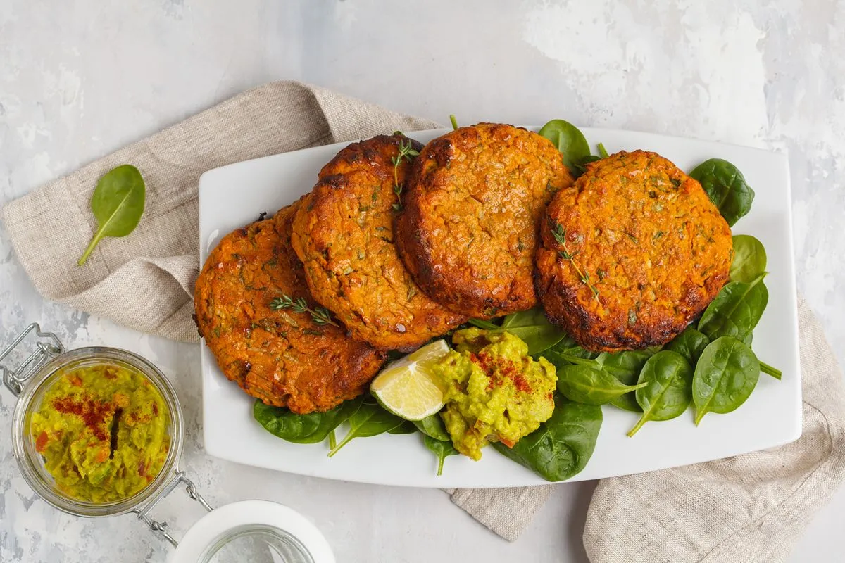 Homemade,Vegan,Baked,Sweet,Potato,Burgers,In,A,White,Dish