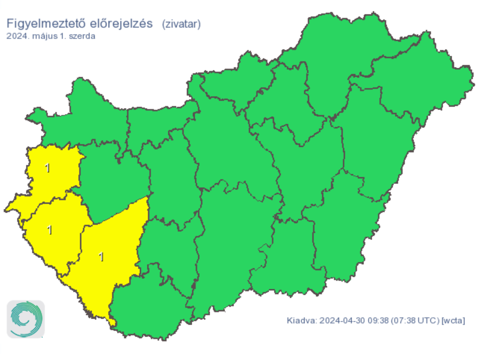 Időjárás figyelmeztetés riasztás eső zivatar