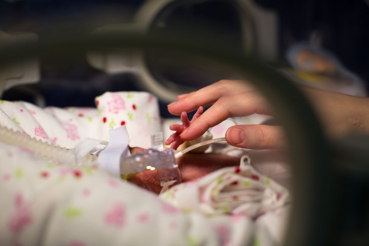 Mother,Holding,Premature,Baby,Hand,Inside,Incubator