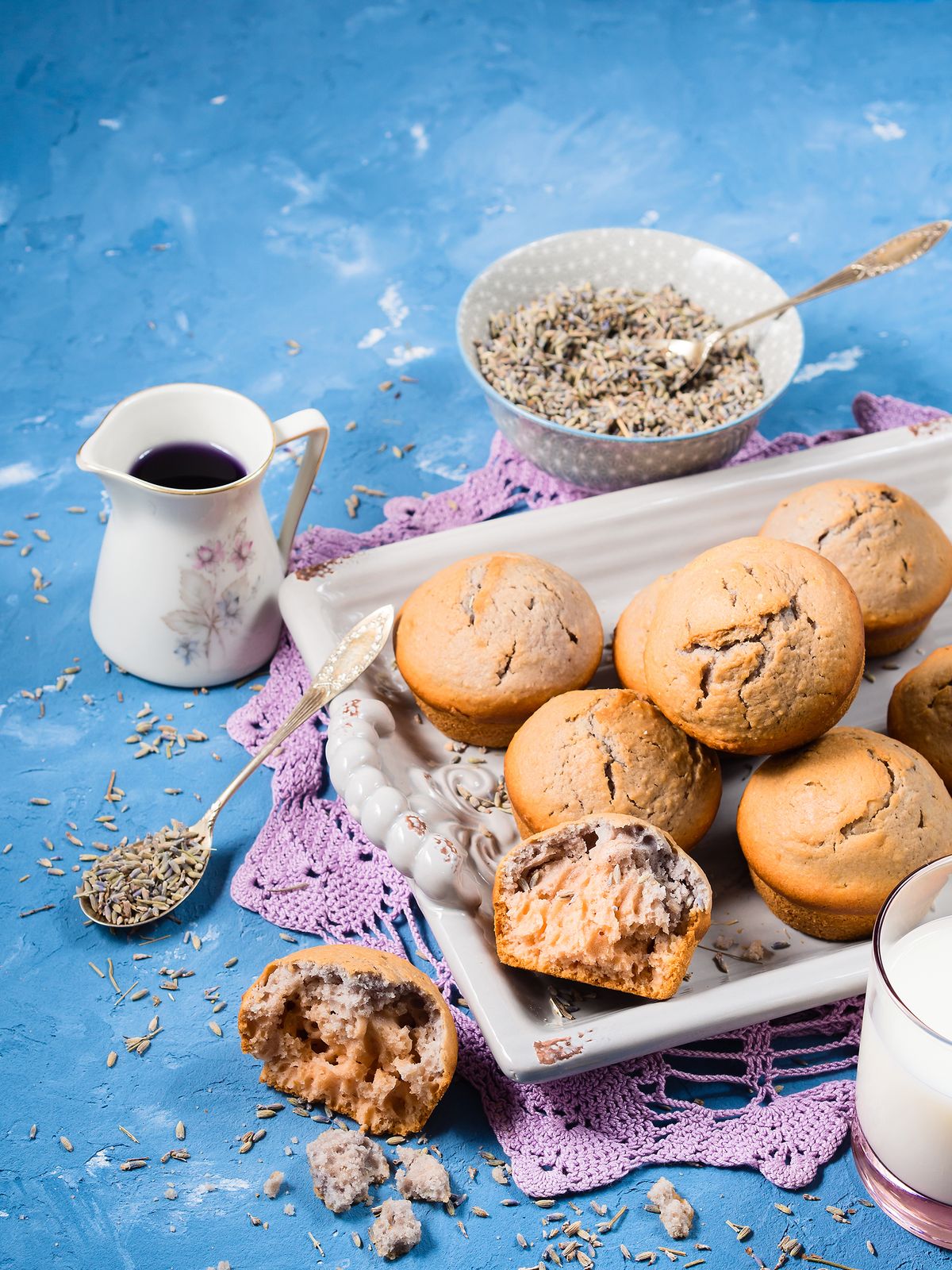 Lavender,Muffins,With,Ingredients,-,Syrup,,Milk,And,Flowers,On