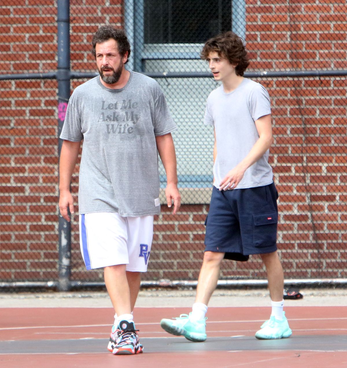 Adam Sandler and Timothee Chalamet play basketball in New York City