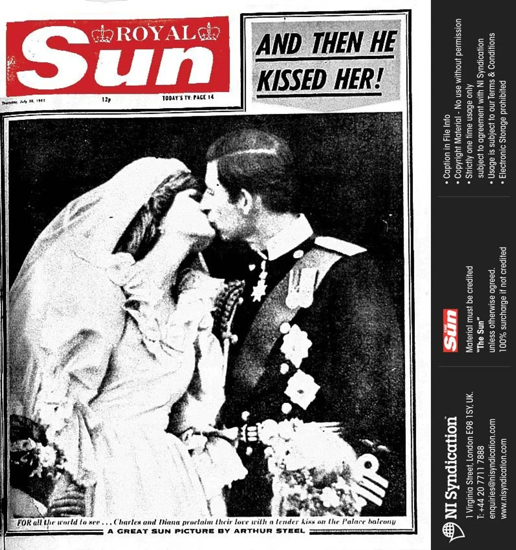Front page of the Sun dated 30.07.1981.Headline reads:AND THEN HE KISSED HER!. The balcony kiss between Prince Charles and Princess Diana after the Royal Wedding.Sunfrontpagesspecialproject.