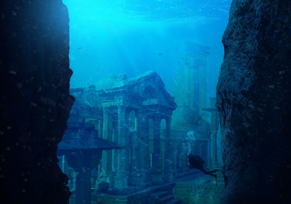 A,Scuba,Diver,Discovers,The,Lost,City,Of,Atlantis,Conceptual