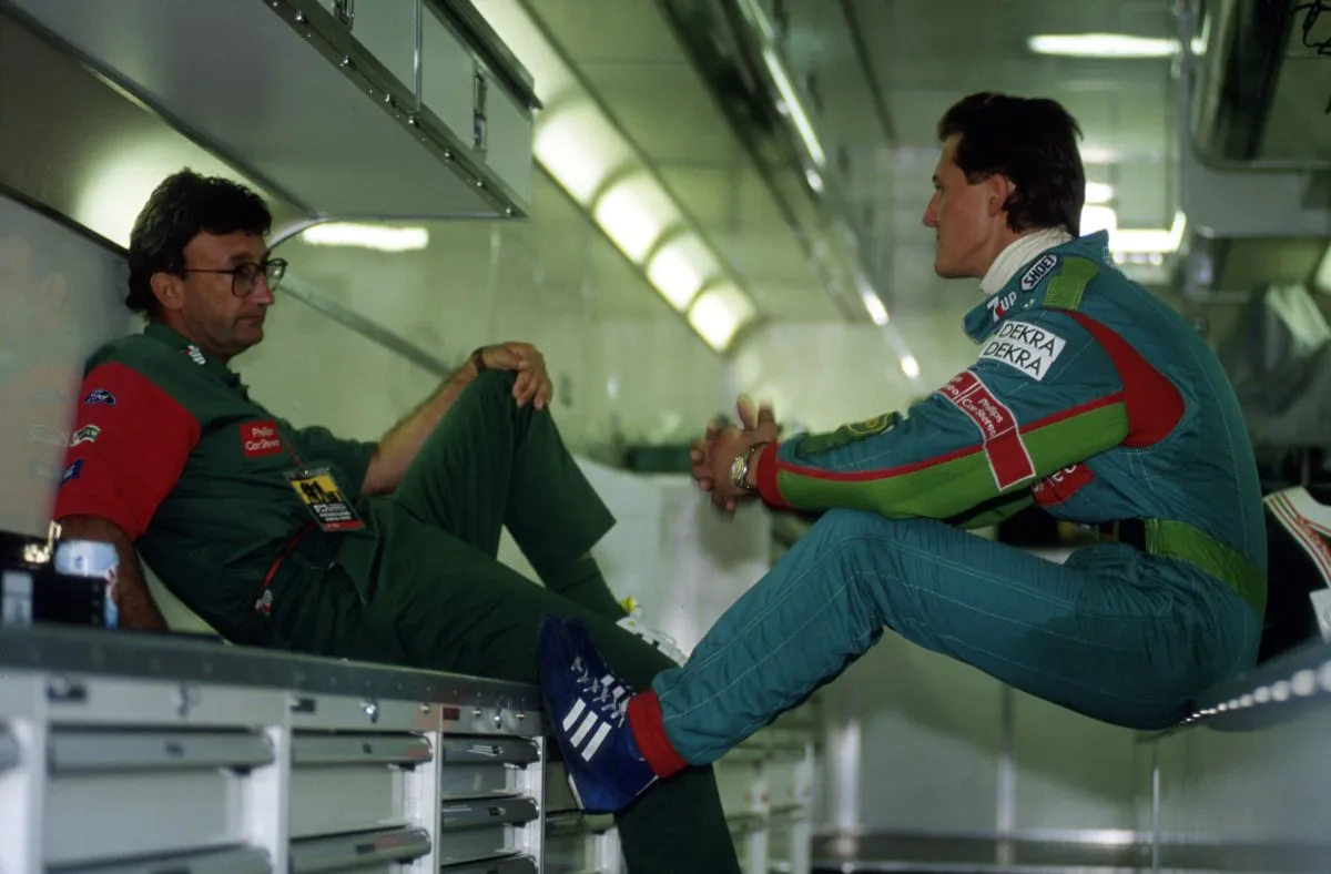 Eddie Jordan (balra) és Michael Schumacher 1991 augusztusában, Spában
