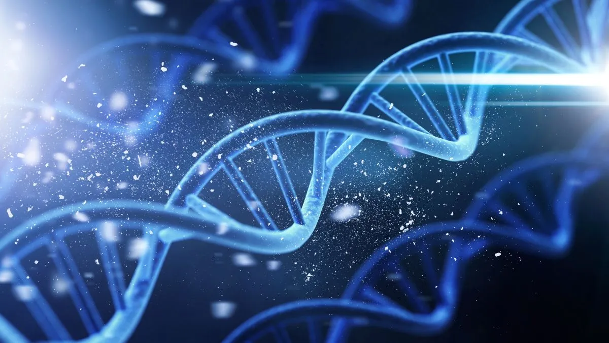 Spiral,Dna,Double,Helix,Structure,On,Blue,Background.