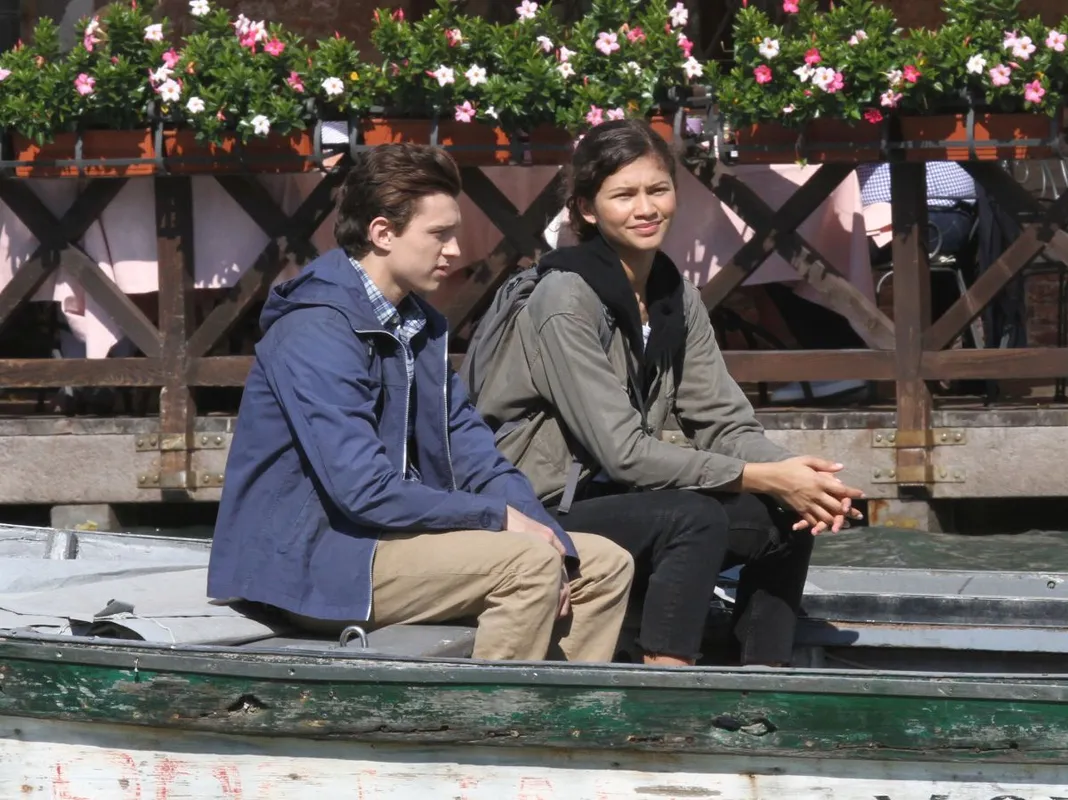 Tom Holland and Zendaya shoot a scene from the movie Spider-Man in the boat in Venice