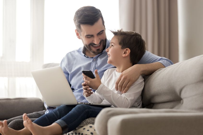 gyerek, telefon, számítógép, laptop, digitális