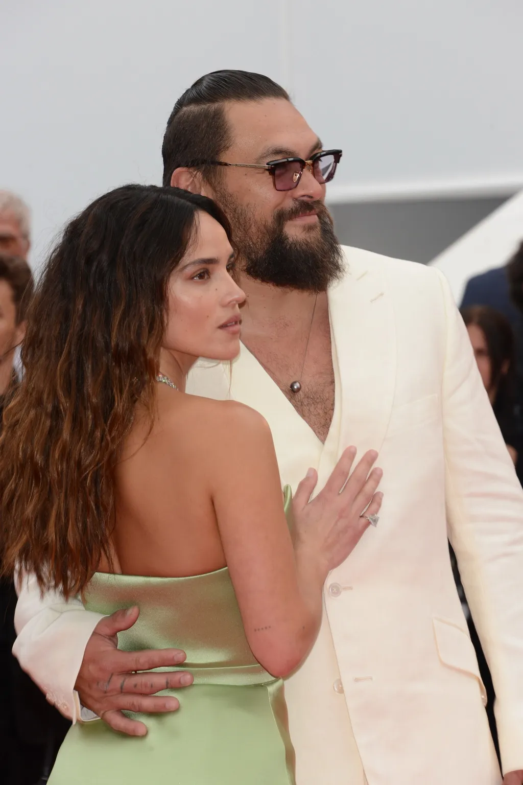 CANNES, FRANCE - MAY 19: Jason Momoa and Adria Arjona attend the ''Highest 2 Lowest'' red carpet at the 78th annual Cannes Film Festival at Palais des Festivals on May 19, 2025 in Cannes, France.