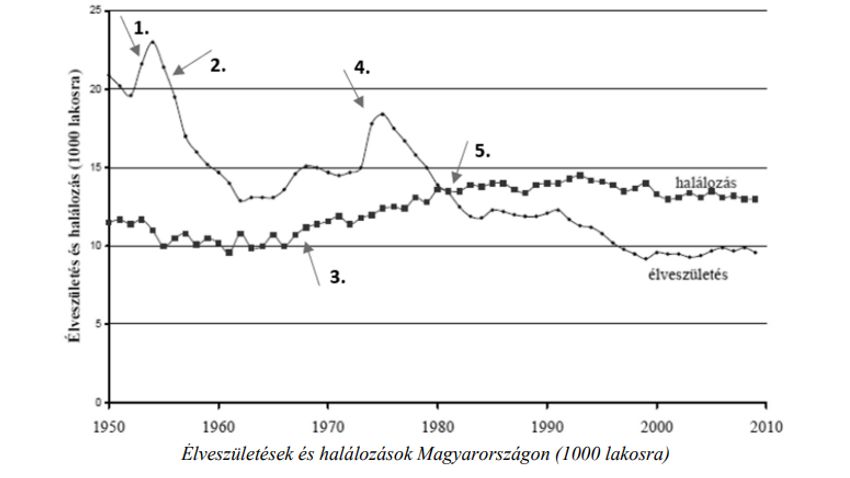 Magyarország 1945 utáni demográfiai mutatói. Melyik állítást támasztja alá a 4-es nyíllal jelzett változás?