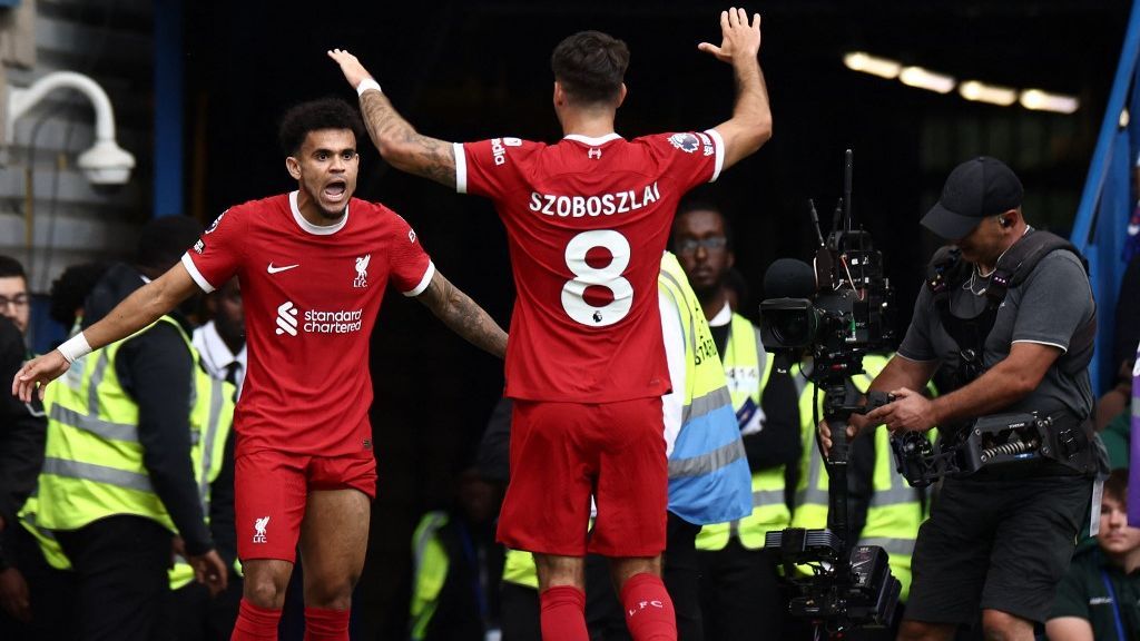 Szoboszlai Dominik, Luis Díaz, Liverpool, gólöröm, Premier League