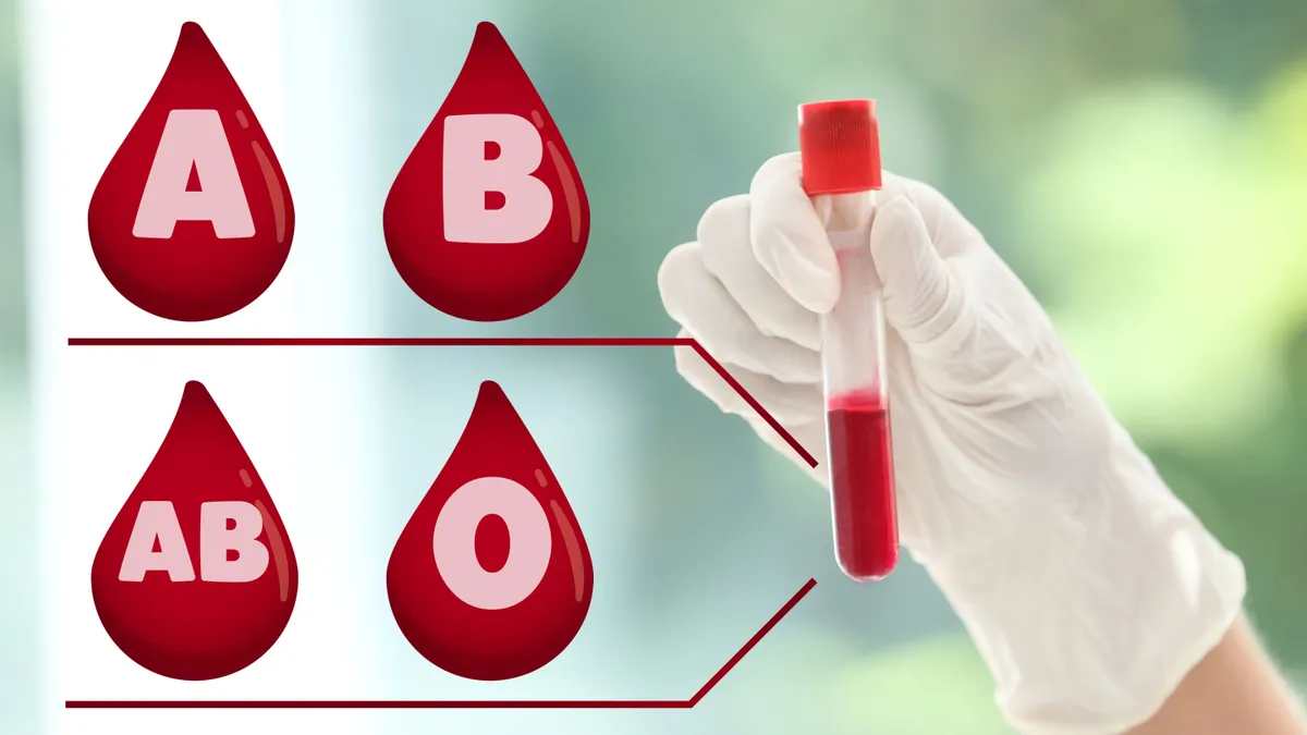 Images,Of,Drops,Representing,Different,Blood,Types,And,Scientist,With