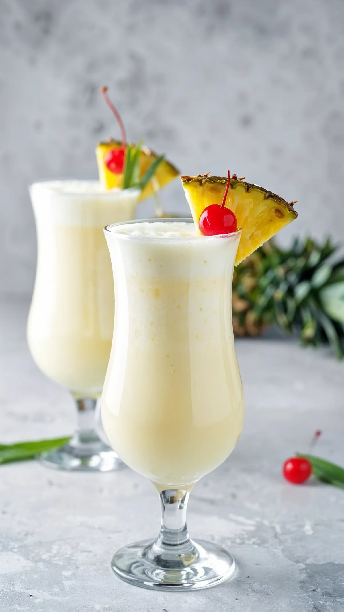 Two,Pin?a,Coladas,In,Elegant,Glasses,,Garnished,With,Pineapple,Slices