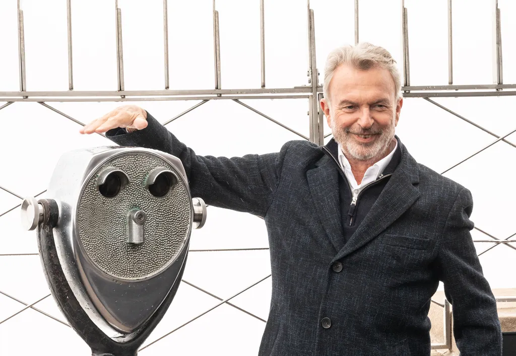 Sam Neill visits Empire State Building in New York to celebrate series premiere of Peacock's 'Apples Never Fall'.