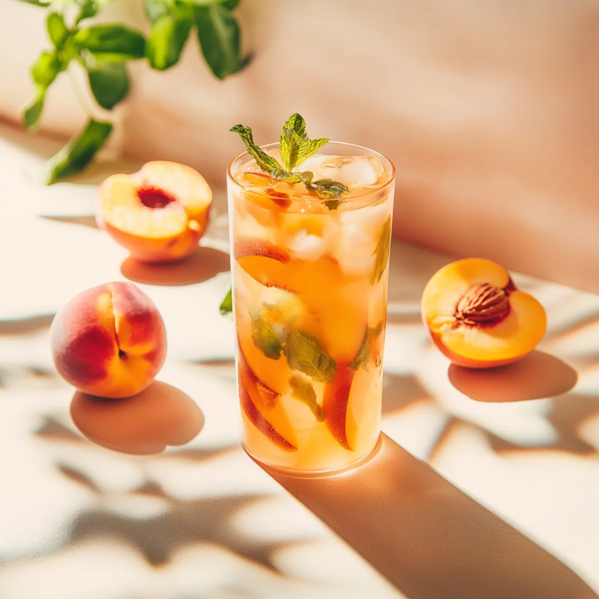 Summer,Cold,Peach,Fizz,Cocktail,Or,Iced,Tea,With,Mint.